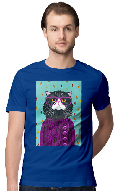 Футболка чоловіча з принтом "Кот в светрі і окулярах". Кіт, окуляри, осінь, светр, холод. futbolka.stylus.ua