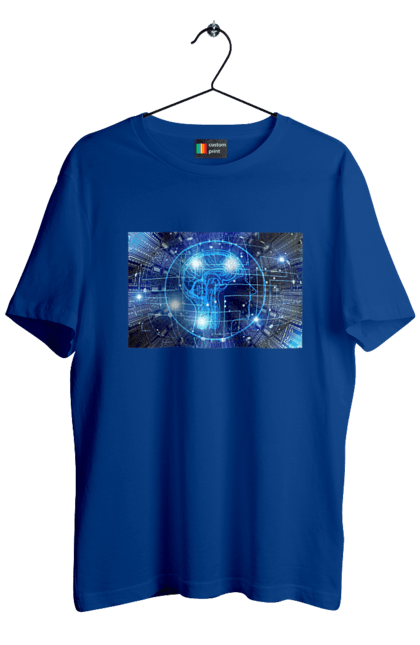 Футболка чоловіча з принтом "Штучний інтелект". Айті, айтішник, гік, знання, інженер, інтелект, кібер, кібернетика, кіборг, код, комп, комп`ютерник, кристал, машинне навчання, мікросхема, мозок, портрет, програміст, професіонал, професія, розробник, розум, хакер, чіп, штучний інтелект, штучний розум. 2070702