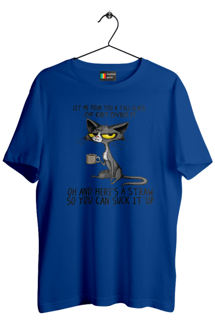 Футболка чоловіча з принтом "Як це пережити?". Велика склянка, випий, все відмінно, йди нахуй, кіт і кухоль, налий, роздум, смоктати, як це подолати. 2070702