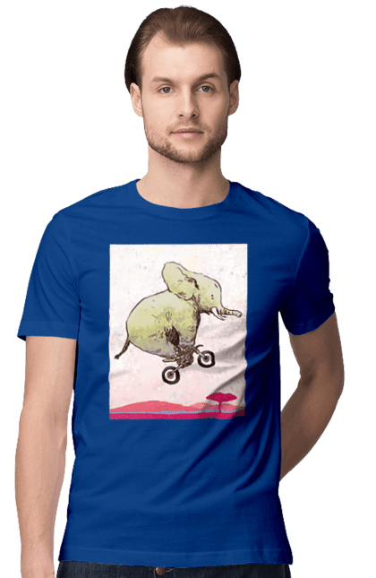 Футболка чоловіча з принтом "Слон На Мотоциклі". Мотоцикл, політ, слон. 2070702