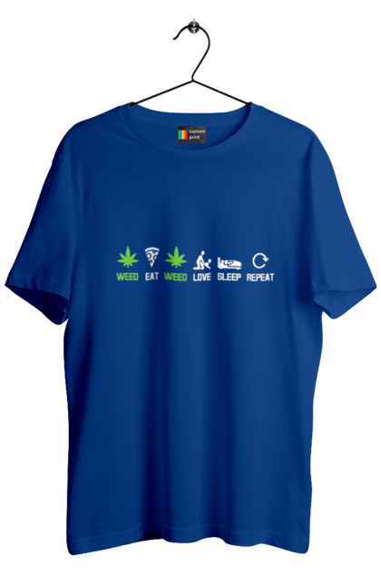 Футболка чоловіча з принтом "Їсти , любити, спати, повторити". Їсти, коноплі, любов, піца, повторити, секс, сон, спати, трава. 2070702