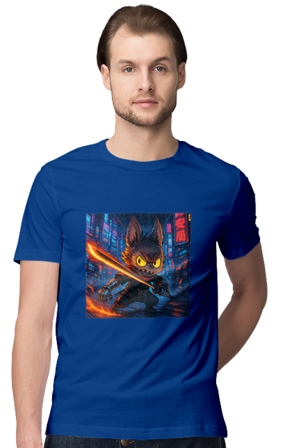 Футболка чоловіча з принтом "Лабубу". Аніместиль, дія, катана, кіберніндзя, кіберпанк, лабубу, меч, неонове місто, очі` що світяться. 2070702