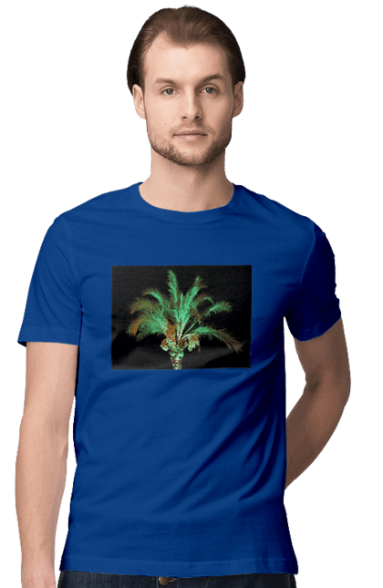Футболка чоловіча з принтом "Фінікова Пальма Вночі". Берег, відпочинок, відпустка, зелений, море, ніч, оазис, океан, острів, пальма, південь, подорож, пригоди, тропіки, фінікова, чорне. 2070702