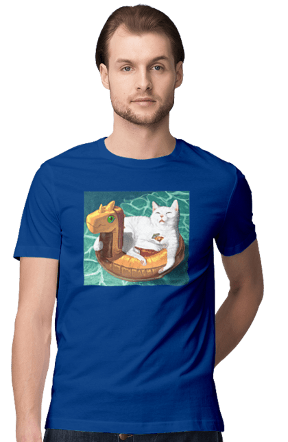 Футболка чоловіча з принтом "Білий кіт у плавальному колі, на відпочинку". Басейн, відпочинок, кіт, коктейль, море, плавальний круг. 2070702