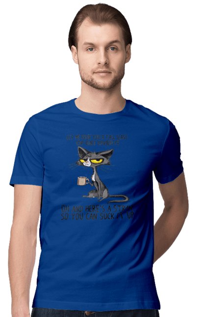 Футболка чоловіча з принтом "Як це пережити?". Велика склянка, випий, все відмінно, йди нахуй, кіт і кухоль, налий, роздум, смоктати, як це подолати. 2070702