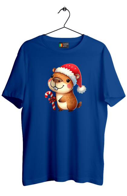 Men's t-shirt with prints Capybara with Christmas Candy. Animal, capybara, christmas, christmas capybara, gift, holiday, lollipop, new year, new year`s gift, santa. 2070702