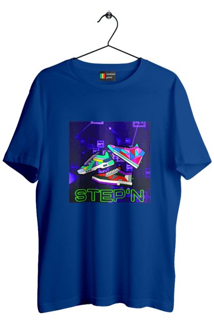 Футболка чоловіча з принтом "Step`n". Віртуальні кросівки, крипта, криптовалюти, нфт, нфт кросівки, солана, степен. 2070702