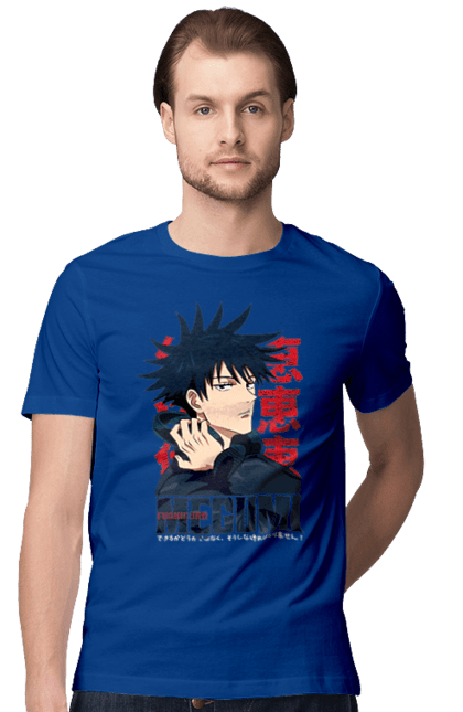 Men's t-shirt with prints Jujutsu Kaisen Megumi. Anime, dark fantasy, fushiguro, fushiguro megumi, jujutsu kaisen, magic battle, manga, megumi, mystic. 2070702