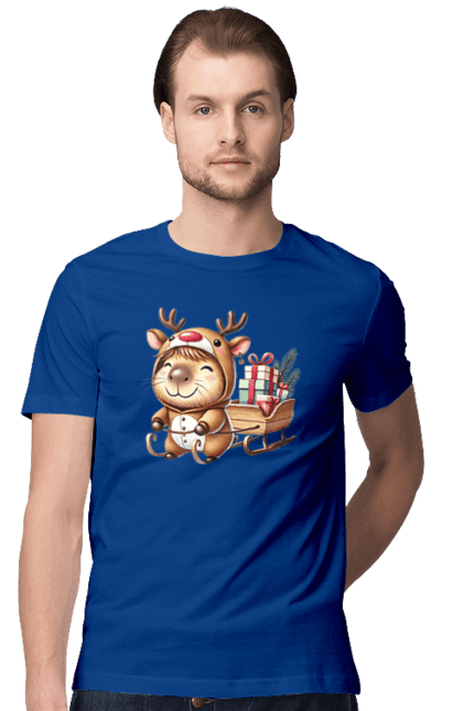 Men's t-shirt with prints Christmas Capybara with a Gift. Animal, capybara, christmas, christmas capybara, gift, holiday, new year, new year`s gift, santa. 2070702