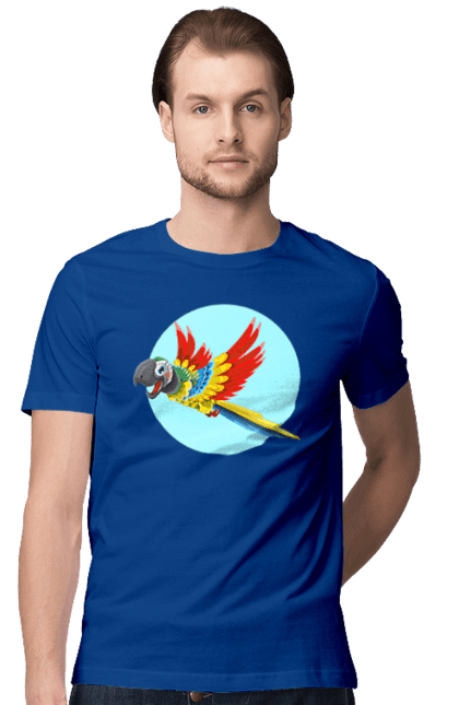 Футболка чоловіча з принтом "Папуга". Барвистий папуга, какаду, кольоровий папуга, папуга, що летить. 2070702