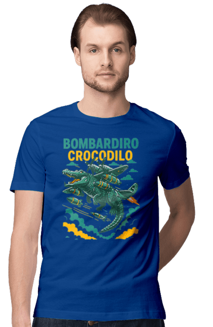 Футболка чоловіча з принтом "Bombardino Crocodilo". Bombardino, bombardino crocodilo, crocodilo, бомбардіно крокоділо, крокодил, крокодил літак, крокодил мем, мем, мем бомбардине крокодило. 2070702