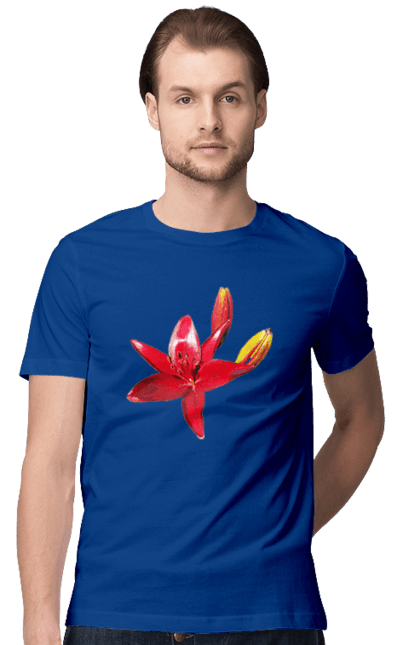 Футболка чоловіча з принтом "Червона лілія". Бутон, квітка, колір, лілія, природа, сонячний, червона квітка, червона лілія, червоний, яскравий. 2070702