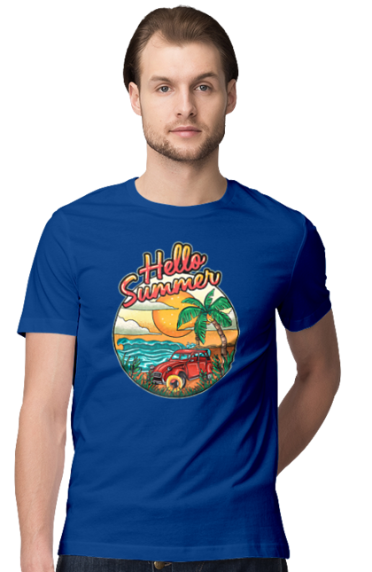Men`s t-shirt with prints Hello Summer, Car By The Sea. Beach, island, palm, summer. 2070702
