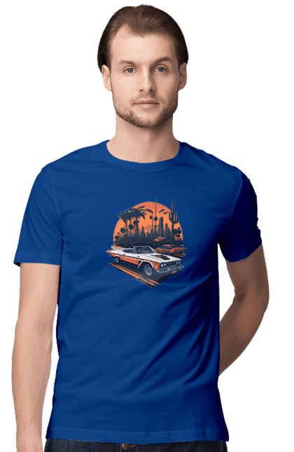 Футболка чоловіча з принтом "Гарне авто на закаті". Авто, закат, захід сонця, солнце, сонце. 2070702