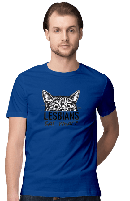 Men`s t-shirt with prints What do lesbians eat?. Funny inscriptions, humor, jokes, kittens, lesbians, lgbt. 2070702