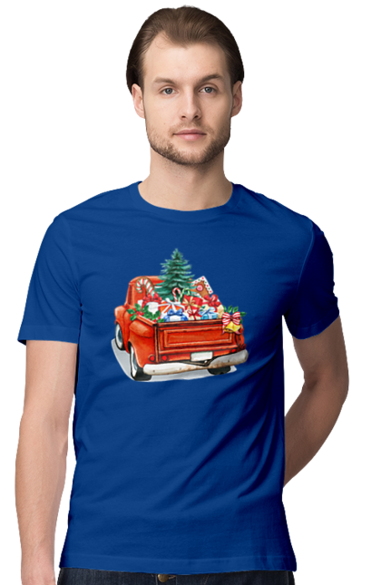 Men`s t-shirt with prints Car with gifts. Car, christmas, new year, presents, santa, tree. 2070702