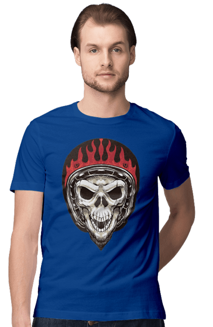 Men`s t-shirt with prints Skull in a motorcycle helmet. Helmet, moto, skeleton, skull. 2070702