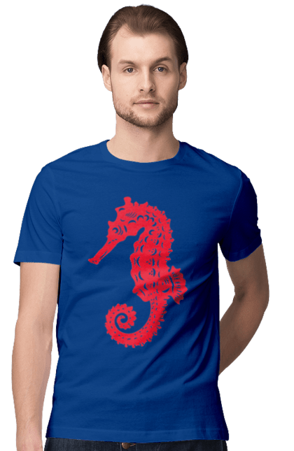Футболка чоловіча з принтом "Морський коник". Відпочинок, квіти, літні канікули, літо, море, морський коник, морські жителі. 2070702