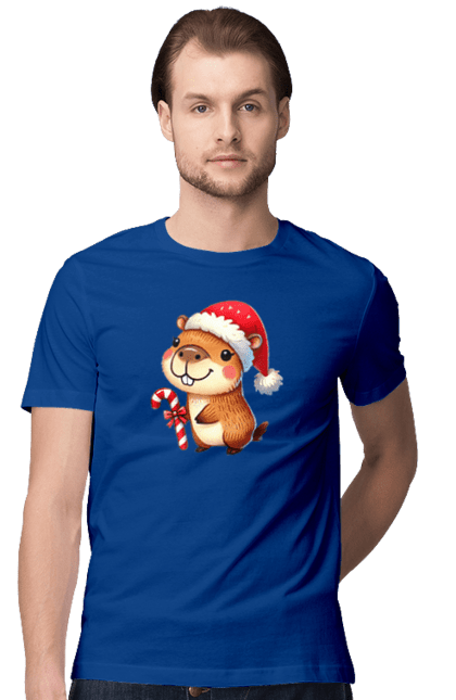 Men's t-shirt with prints Capybara with Christmas Candy. Animal, capybara, christmas, christmas capybara, gift, holiday, lollipop, new year, new year`s gift, santa. 2070702