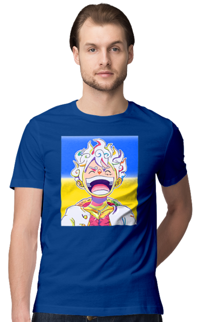 Футболка чоловіча з принтом "Монкі д Луффі сміється на жовто блактному фоні". Ван піс, луффі, монкі д. луффі, прапор україни, символ україни, україна. 2070702