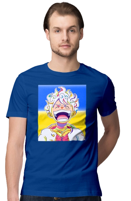 Monkey D Luffy laughing on a yellow blue background