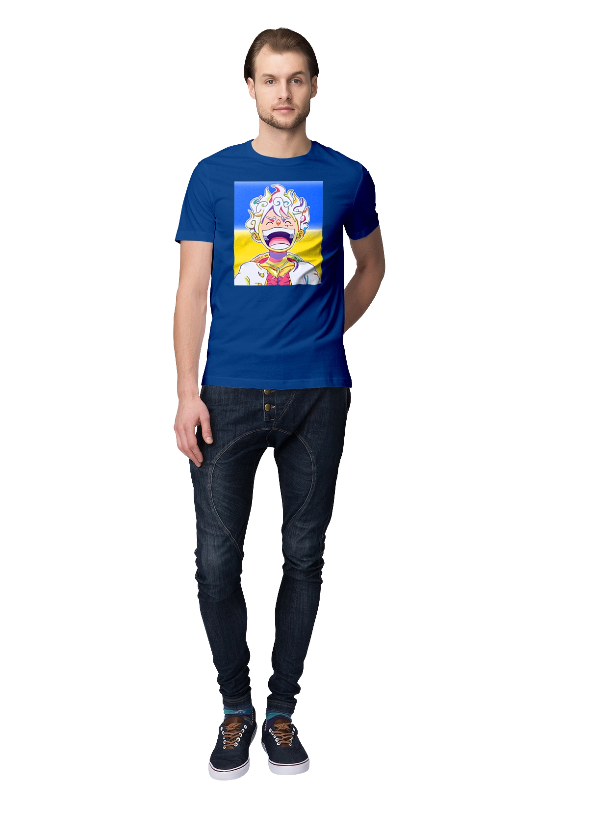 Monkey D Luffy laughing on a yellow blue background