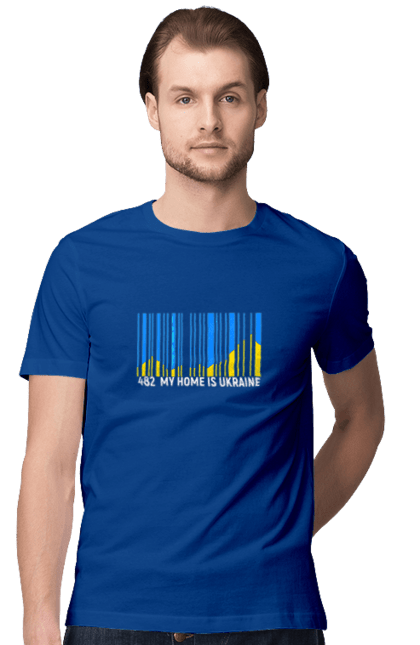 Men`s t-shirt with prints My home is Ukraine. Bar code, blue sky, home, mountains, my country, my house, state mark, ukraine. 2070702