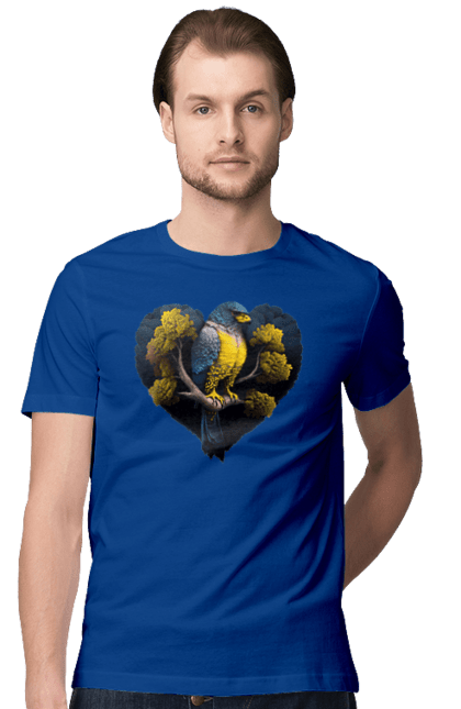 Men`s t-shirt with prints Blue and yellow falcon. Falcon, flag of ukraine, heart, symbol of ukraine, tree, ukraine. 2070702