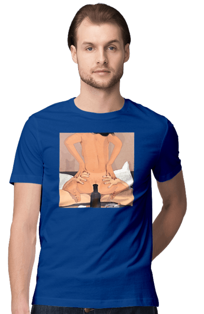 Футболка чоловіча з принтом "Гола Дівчина, Пляшка І Сигарети". Гола, зверху. 2070702