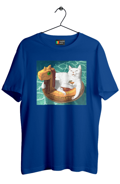 Футболка чоловіча з принтом "Білий кіт у плавальному колі, на відпочинку". Басейн, відпочинок, кіт, коктейль, море, плавальний круг. 2070702