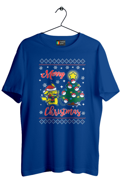 Футболка мужская с принтом Пикачу Счастливого Рождества. Christmas, merry christmas, nintendo, pikachu, pokemon, аниме, игра, пикачу, покемон, рождество. 2070702