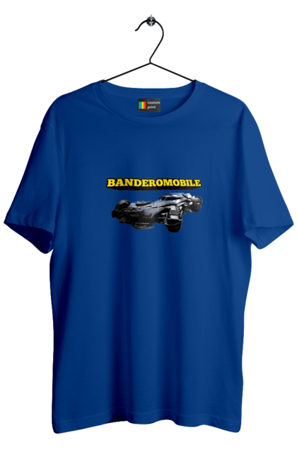 Футболка чоловіча з принтом "Бандеромобіль". Бандера, бандеромобіль, бетмобіль, військова техніка, зсу, супер автомобіль. 2070702