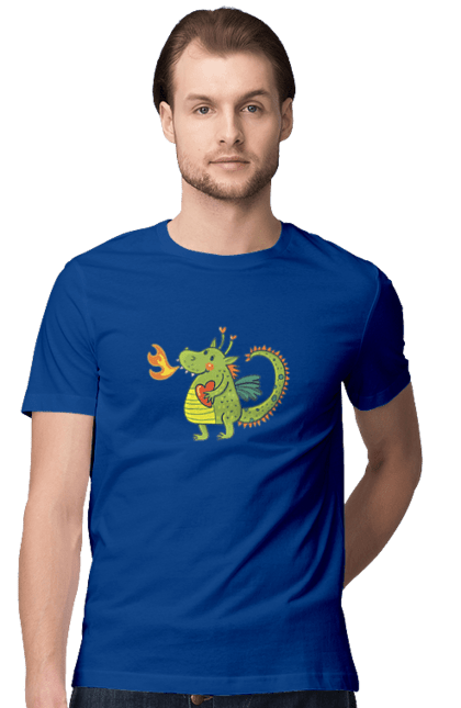 Men's t-shirt with prints Dragon in love. Dragon, fire, green dragon, heart, hearts, love, new year, symbol 2024. 2070702