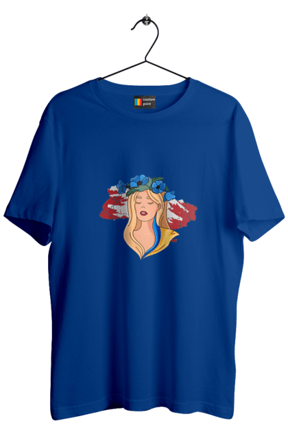 Men`s t-shirt with prints Girl on the map of Ukraine. Blue, flag, flowers, girl, girl on the map, map of ukraine, red, ukraine, yellow. 2070702