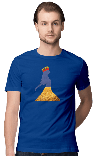 Men`s t-shirt with prints Ukraine. Girl, national colors, poppies, sky, wheat field, wreath, yellow blue. 2070702