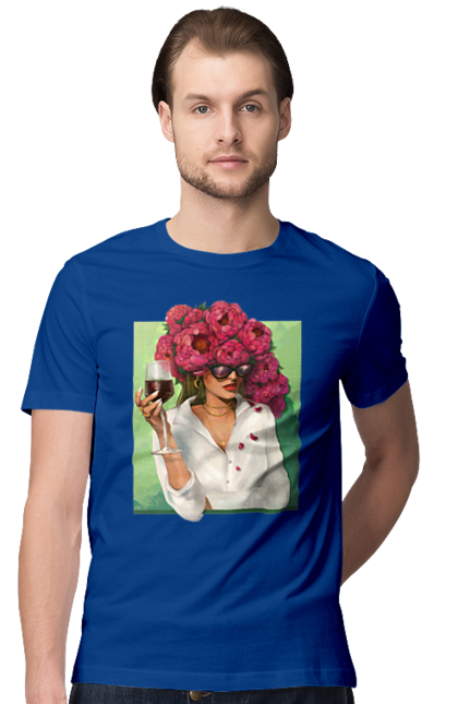 Футболка чоловіча з принтом "Дівчина з півоніями та келихом". Вино, дівчина, квітка, келих, літо, окуляри, півонії, сорочка. 2070702