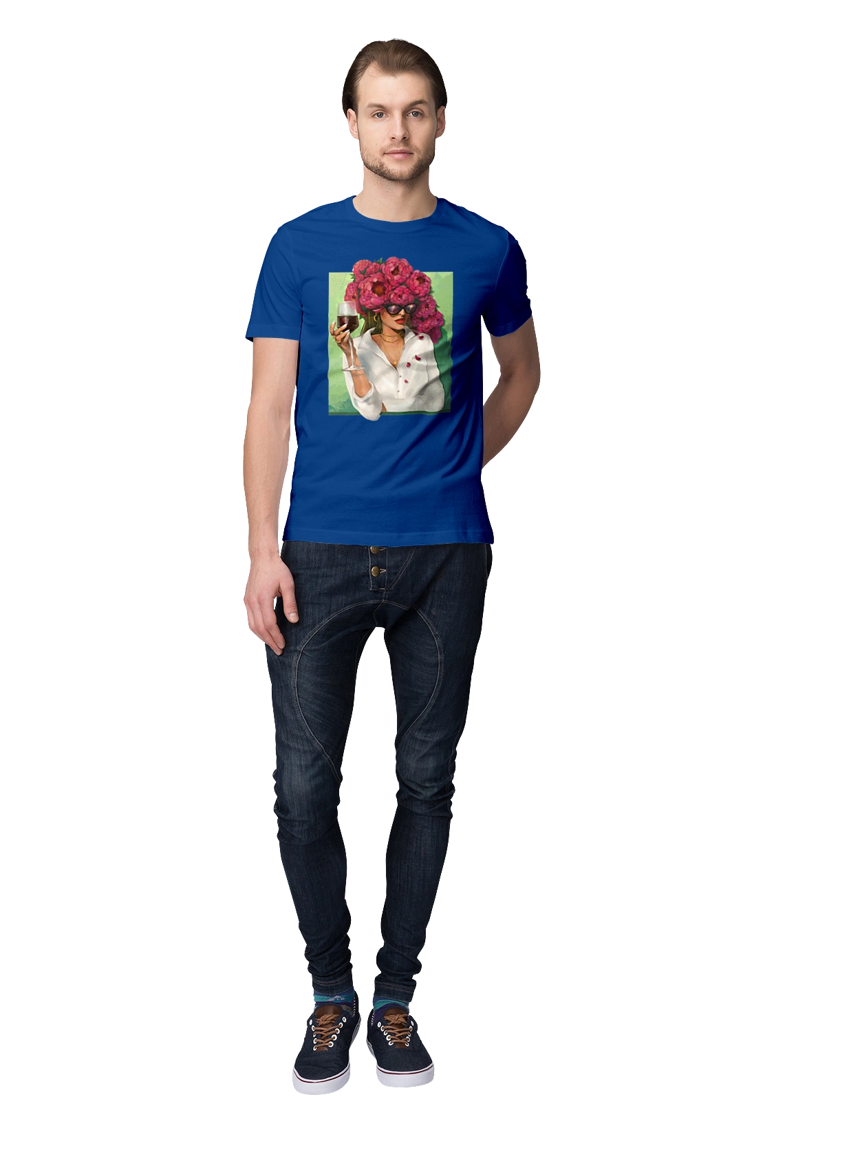 Girl with peonies and a glass