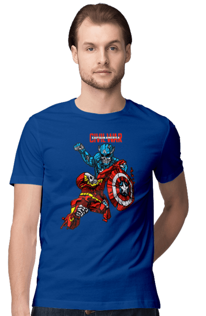 Футболка мужская с принтом Железный человек vs Капитан Америка. Captain america, civil war, iron man, marvel, marvel comics, железный человек, капитан америка, марвел, мстители, тони старк. 2070702