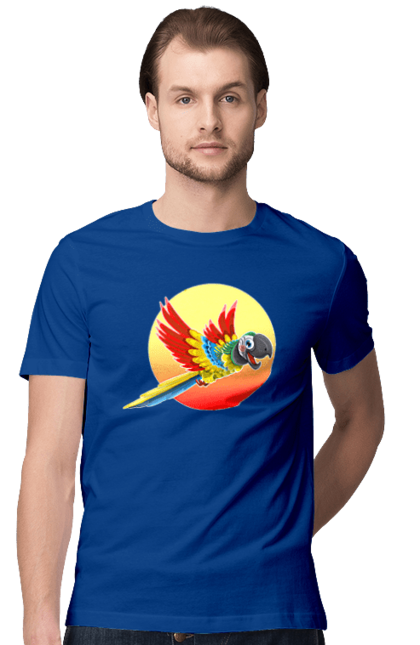 Футболка чоловіча з принтом "Папуга На Тлі Сонця". Ара, веселий, відпочинок, відпустка, диск, жарко, жовтий, коло, кольоровий, крила, літає, літо, папуга, папужка, пір`я, політ, помаранчевий, птах, різнокольоровий, сонце, сонячно, спека, тепло, тропіки, у польоті, червоний. 2070702