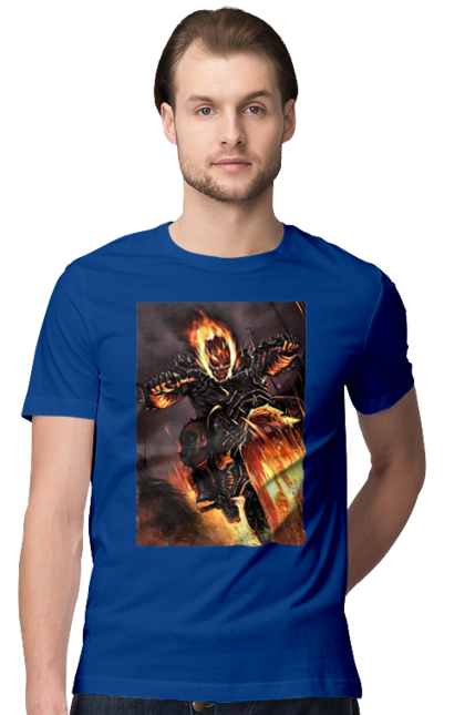 Футболка чоловіча з принтом "Пекельний Гонщик". Вогонь, мотоцикл, пекельний гонщик, скелет, чоппер. 2070702