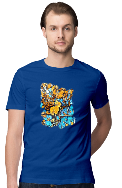 Men`s t-shirt with prints Yellow flowers on a blue background. Art, blue and yellow, blue yellow, drawing, flowers, nature, yellow and blue, yellow blue, yellow flowers. 2070702