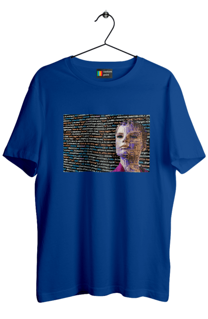 Футболка чоловіча з принтом "Штучний Розум". Айті, айтішник, гик, жінка, знання, інженер, інтелект, кібер, кібернетика, кіборг, код, комп, комп`ютерник, кристал, машинне навчання, мікросхема, мозок, портрет, програміст, професіонал, професія, розробник, розум, світиться, світло, хакер, чіп, штучний інтелект, штучний розум. 2070702