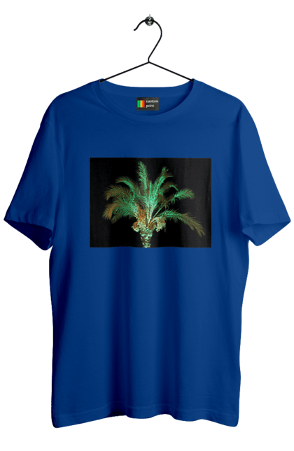 Футболка чоловіча з принтом "Фінікова Пальма Вночі". Берег, відпочинок, відпустка, зелений, море, ніч, оазис, океан, острів, пальма, південь, подорож, пригоди, тропіки, фінікова, чорне. 2070702