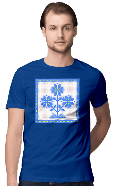 Футболка чоловіча з принтом "Жовто блакитна вишивка квіти". Вишивка, вишивка хрестиком, квіти, символ україни, традиції україни, україна. 2070702