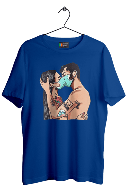 Men`s t-shirt with prints Coronavirus Love. Coronavirus, kiss, love, mask, quarantine. 2070702