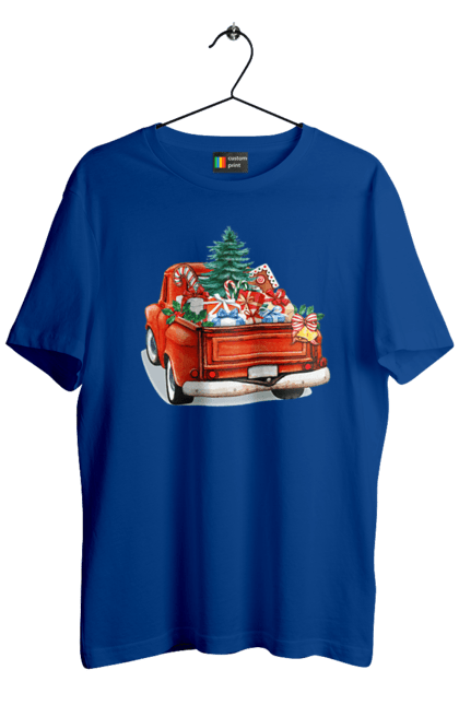 Men`s t-shirt with prints Car with gifts. Car, christmas, new year, presents, santa, tree. 2070702
