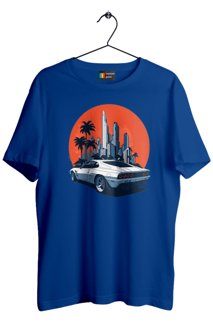 Футболка чоловіча з принтом "Авто". Гонка, захід сонця, спортивний автомобіль, швидкість. 2070702