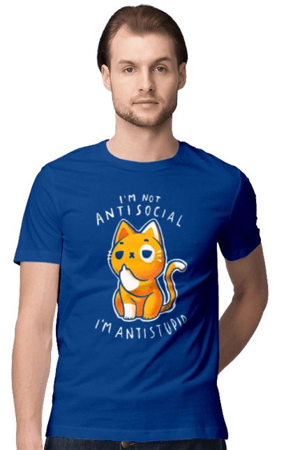 Men`s t-shirt with prints I'm not antisocial, I'm antistupid. Antisocial, antistupid, cat, cynicism, hate, humor, irony, joke, meme, sarcasm. 2070702