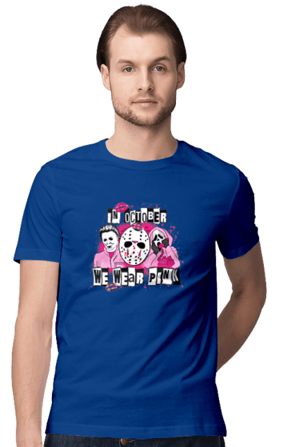 Men's t-shirt with prints In October we wear pink. Costume, halloween, holiday, horror, october, october 31, pink, villains. 2070702