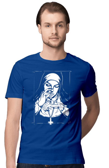 Футболка чоловіча з принтом "Монашка нюхає порошок". Крута, метал, модна, молодіжна, популярна, рок, хрест, черниця, черниця нюхає порошок. 2070702